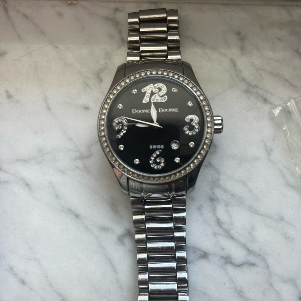 Y2K Dooney & Bourke Silver-tone Watch with Black Dial and Crystal Accents